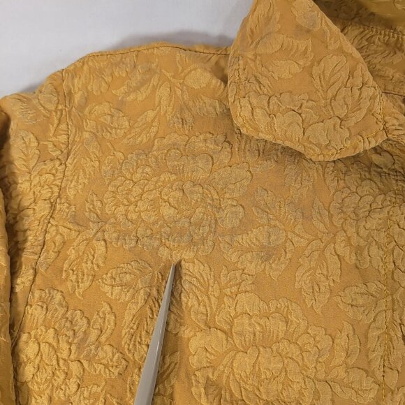 Uru 100% Silk Blouse Yellow Embossed Floral Flowers Button Textured 3/4 sleeve L - Picture 3 of 11